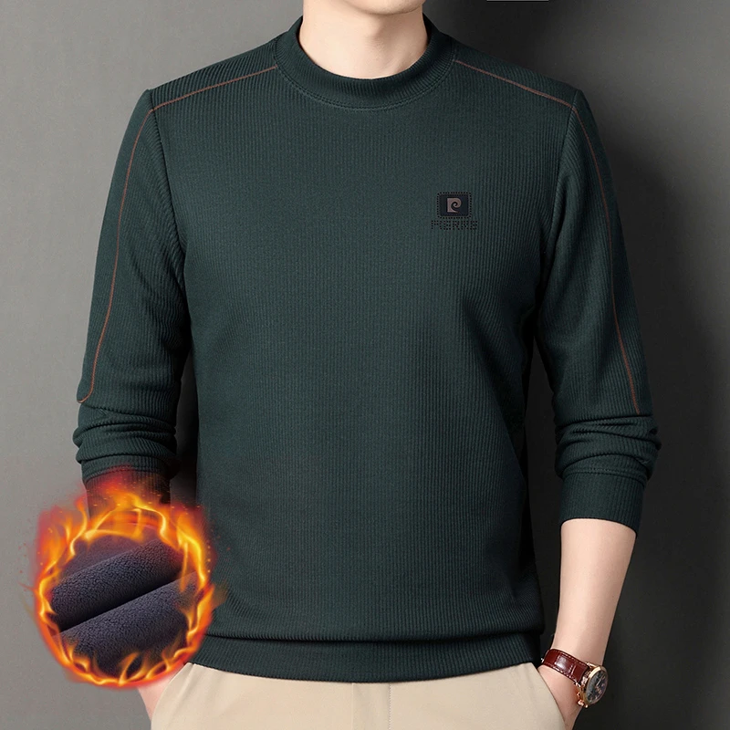 皮尔卡丹冬季男士轻奢加绒加厚中年卫衣时尚圆领休闲宽松长袖上衣