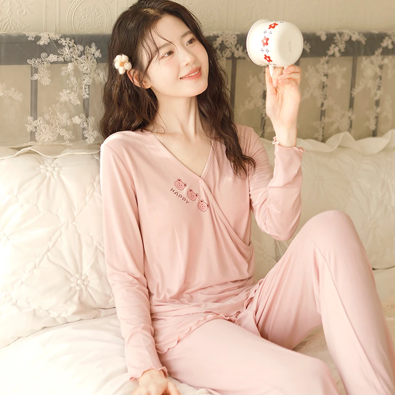 富朵自带胸垫『快乐熊』打底套装春夏月子服莫代尔哺乳孕产妇睡衣