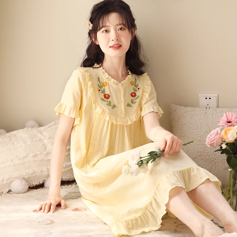 『花禾』富朵短袖夏纱布孕妇睡裙月子服哺乳棉产妇喂奶裙家居服薄款