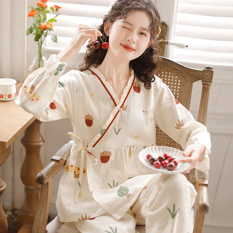 『春日郊野』富朵夏季纱布月子服孕妇哺乳睡衣喂奶薄款纯棉产妇