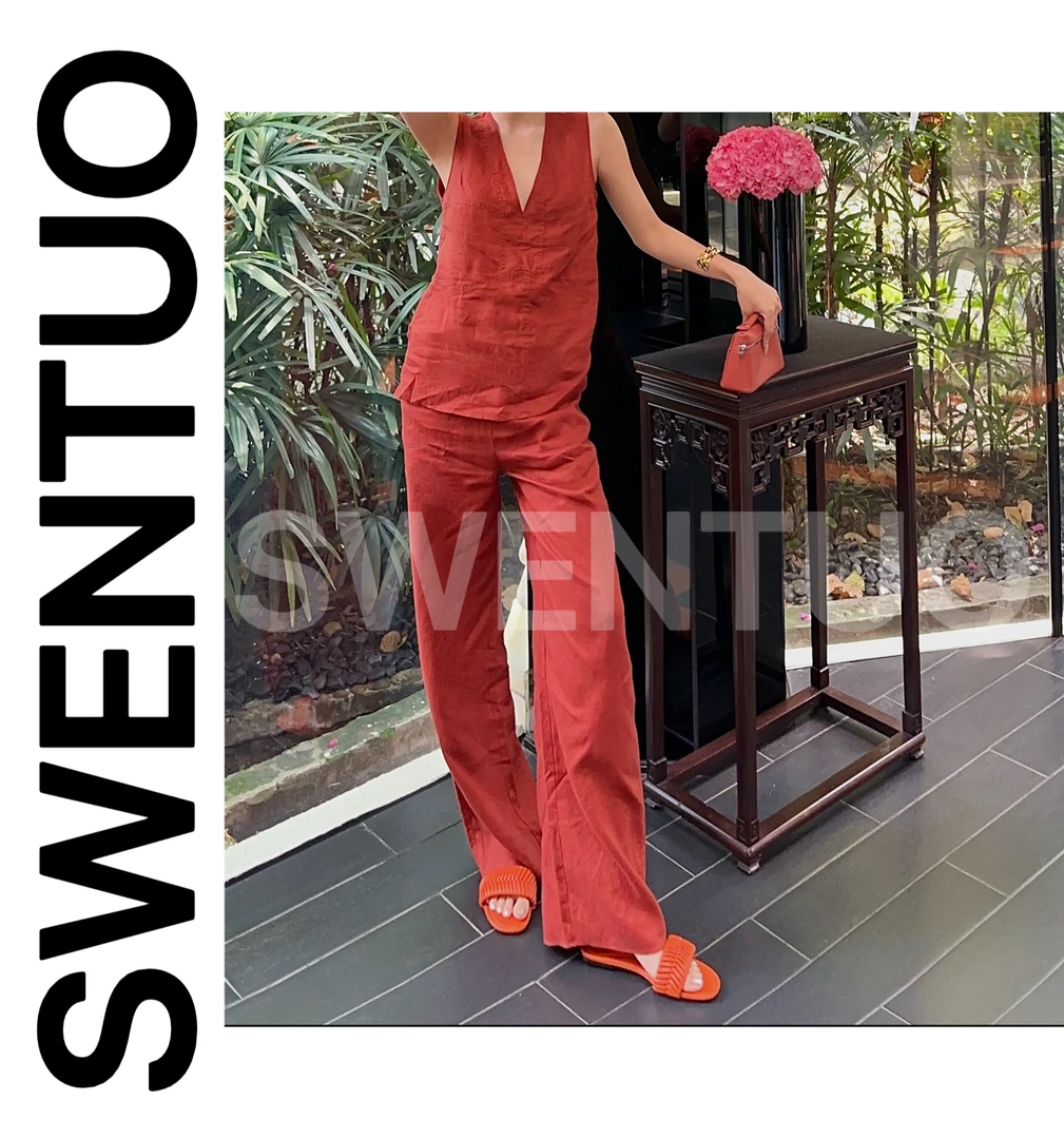 SWENTUO.【高定】设计款老钱风枫叶红中式亚麻阔腿裤