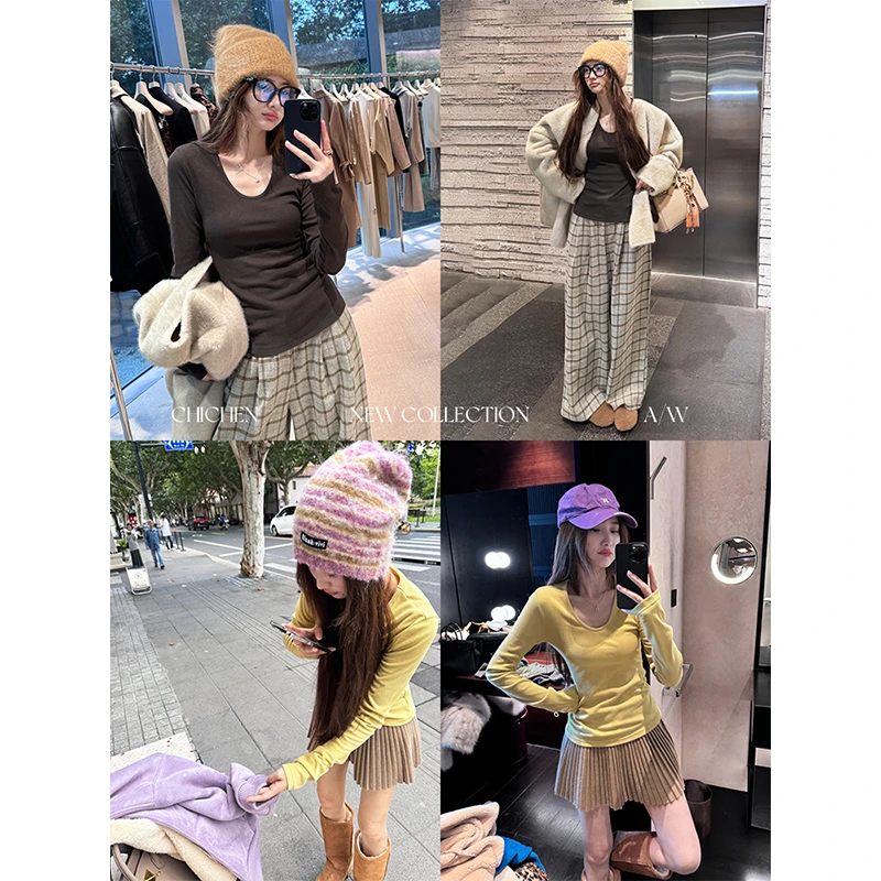 CHICHEN/晨妍-wan能打底衫 -U领坑条长袖打底T恤衫