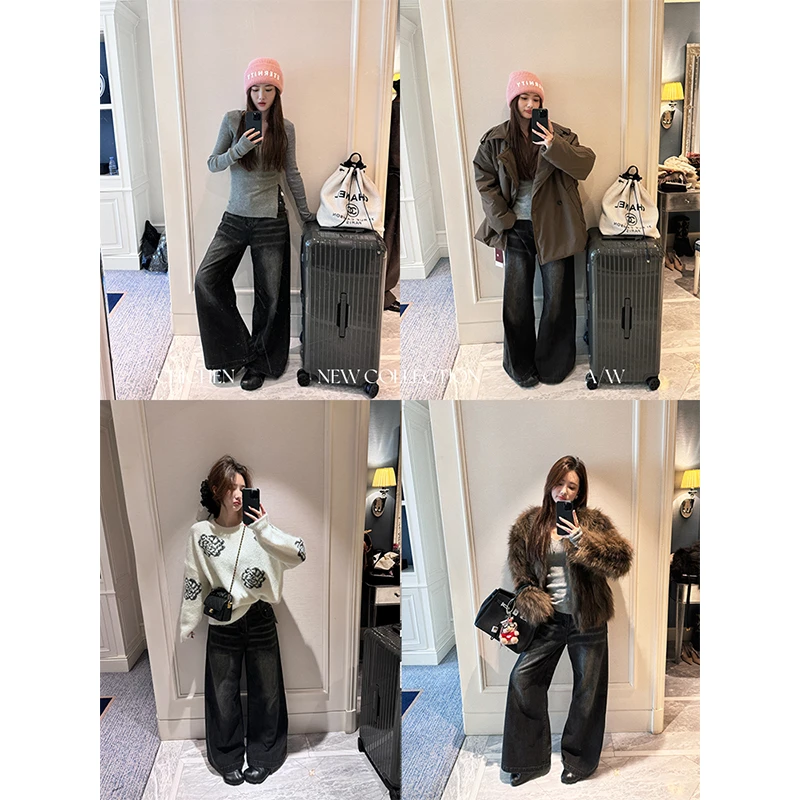 CHICHEN/晨妍-时髦牛仔-休闲直筒黑灰色水洗牛仔裤