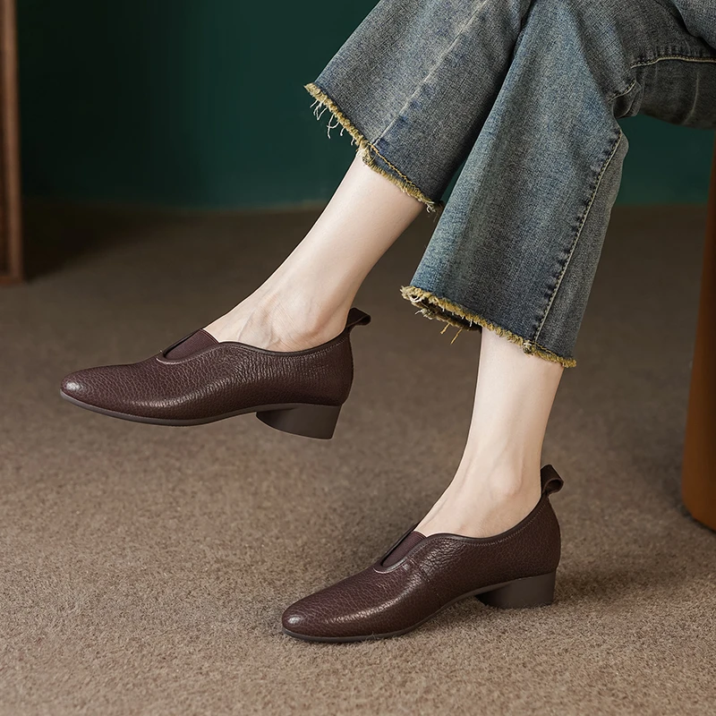 3cm/羊皮/法式粗跟单鞋女软底软面芒果头中跟百搭高级感小皮鞋女