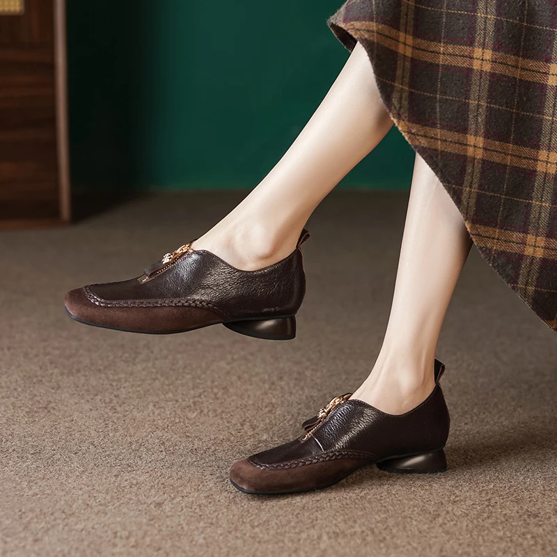 3cm/羊皮/真皮粗跟单鞋女法式复古方头软底软面中跟四季小皮鞋女