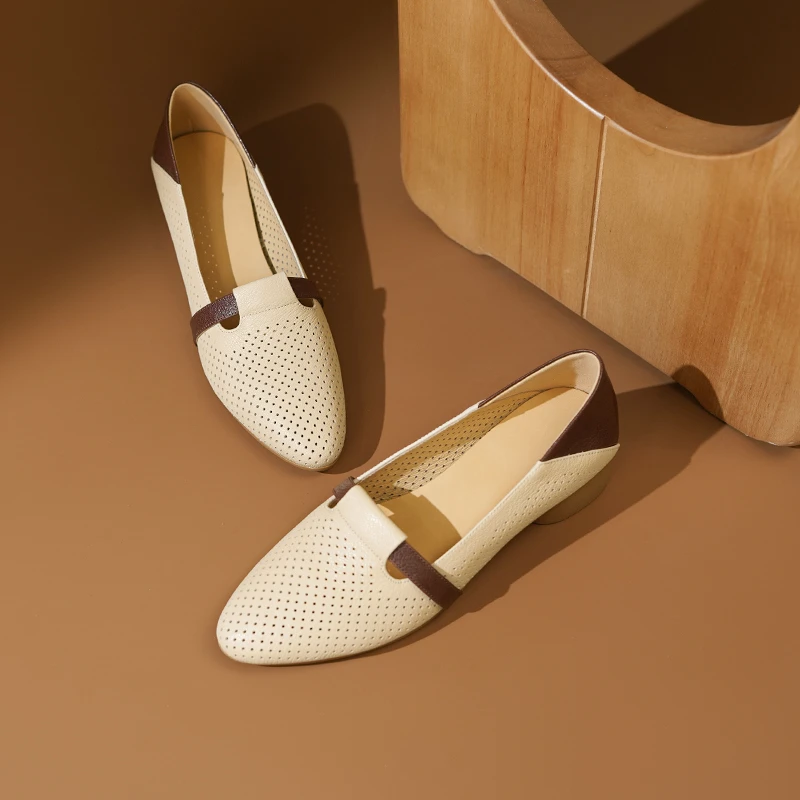 3cm/羊皮/软底软面夏季透气镂空单鞋女芒果头中粗跟拼色新款女鞋