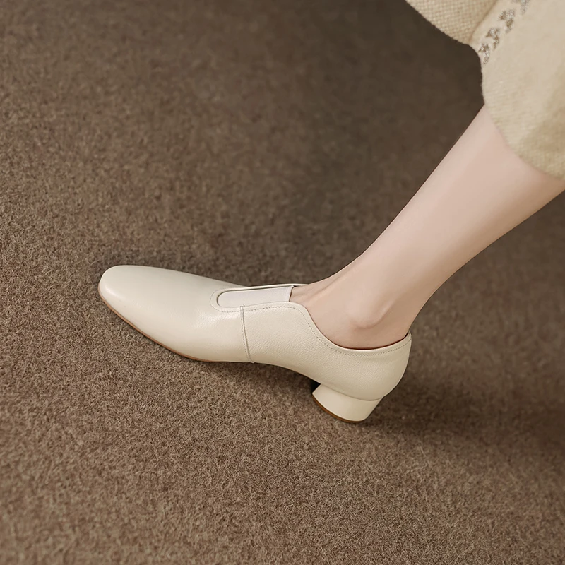 3.5cm/牛皮/真皮粗跟深口单鞋女春秋新款中跟圆头百搭软底软面款