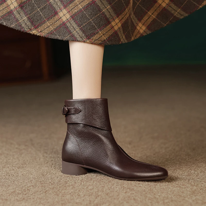 3cm/羊皮/软底软面粗跟短靴女舒适中跟芒果头国风短筒秋冬皮靴子