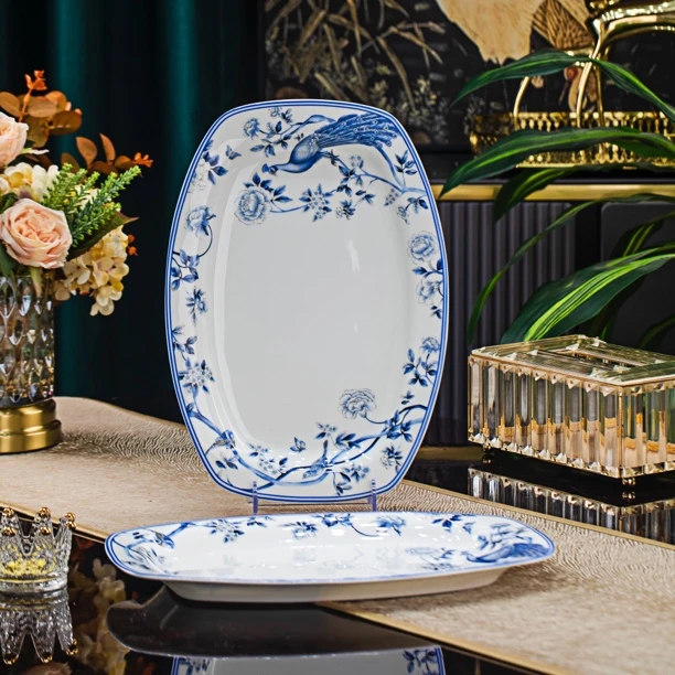 【青花孔雀12英寸鱼盘】景德镇青花高温釉下加大加深大鱼陶瓷筷子筒