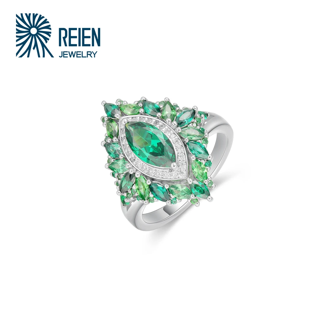 REIEN 925银合成锆石戒指 绿色镶嵌 轻奢豪华戒指银戒ZF1096GN