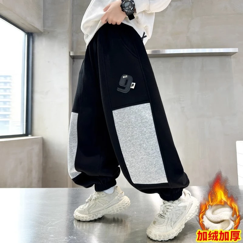 男童加绒裤子秋冬款2024新款一体绒加厚冬季男孩休闲儿童运动卫裤