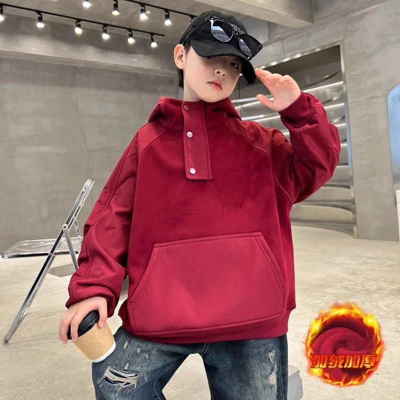 儿童装男童冬季加绒红色卫衣2025新款中大童秋冬款男孩加厚上衣潮