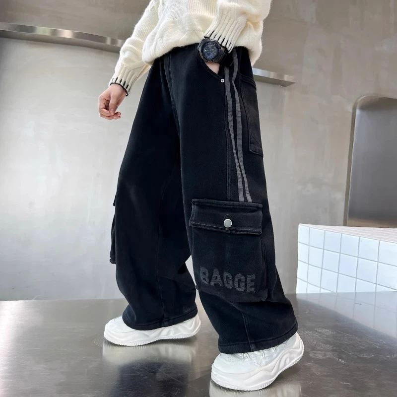 男童加绒加厚牛仔裤秋冬款2025新款中大童一体绒工装裤儿童冬装潮