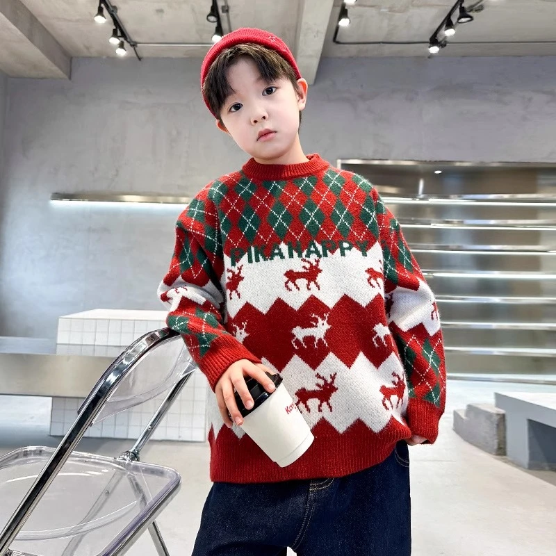 男童毛衣秋冬2025新款冬季红色男孩儿童冬装圣诞过年加厚保暖上衣