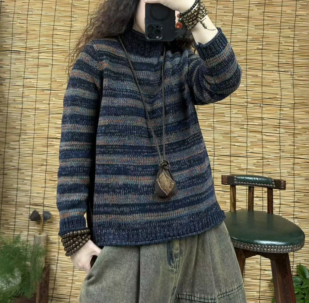 2635高领条纹针织毛衣（长60，90-150斤）