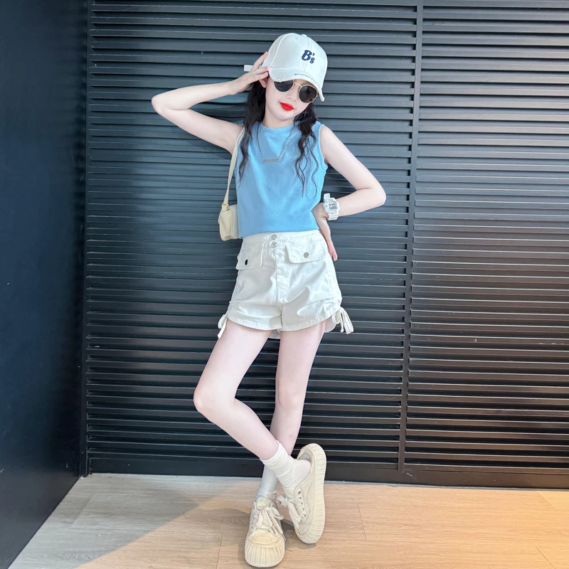 女童辣妹套装夏季2025新款女孩夏装洋气白色短裤儿童韩系穿搭背心