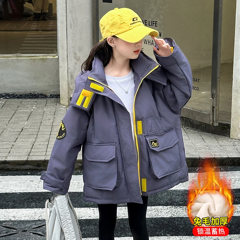 女童加绒冲锋衣2024冬装新款中大童洋气时髦加厚外套女孩夹棉棉服
