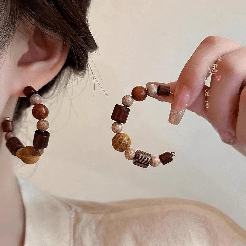 铜合金木质耳饰  新中式复古木质耳环个性夸张度假民族风耳钉耳饰