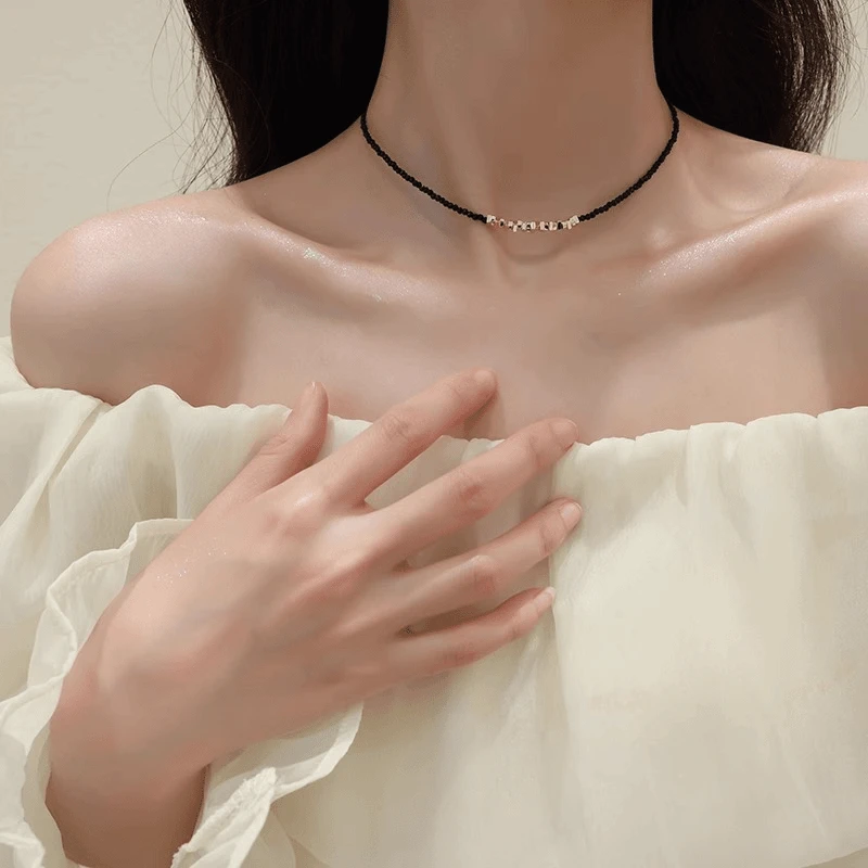 铜合金项链 黑色串珠项链女轻奢小众高级感气质颈链锁骨链冷淡风