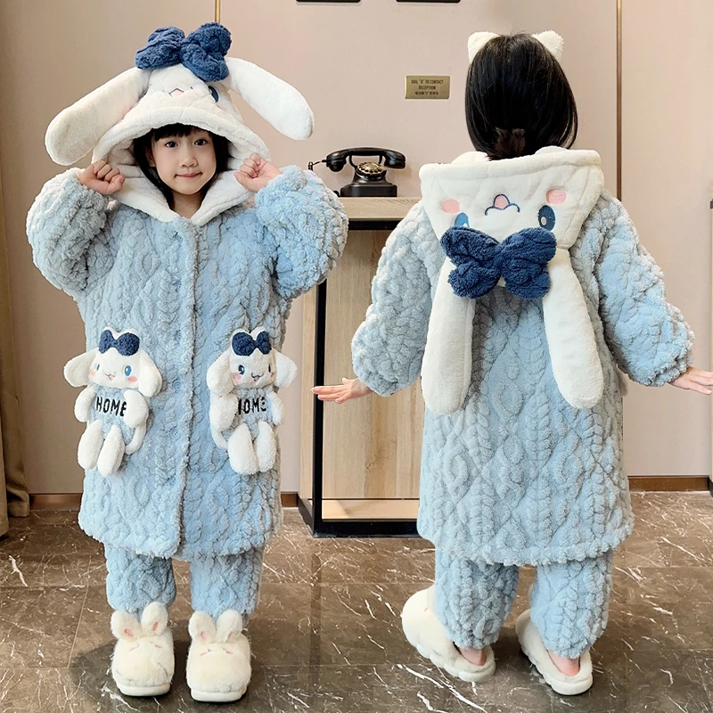 新款法兰绒儿童睡衣冬季三层夹棉加绒加厚女童公主可爱亲子家居服
