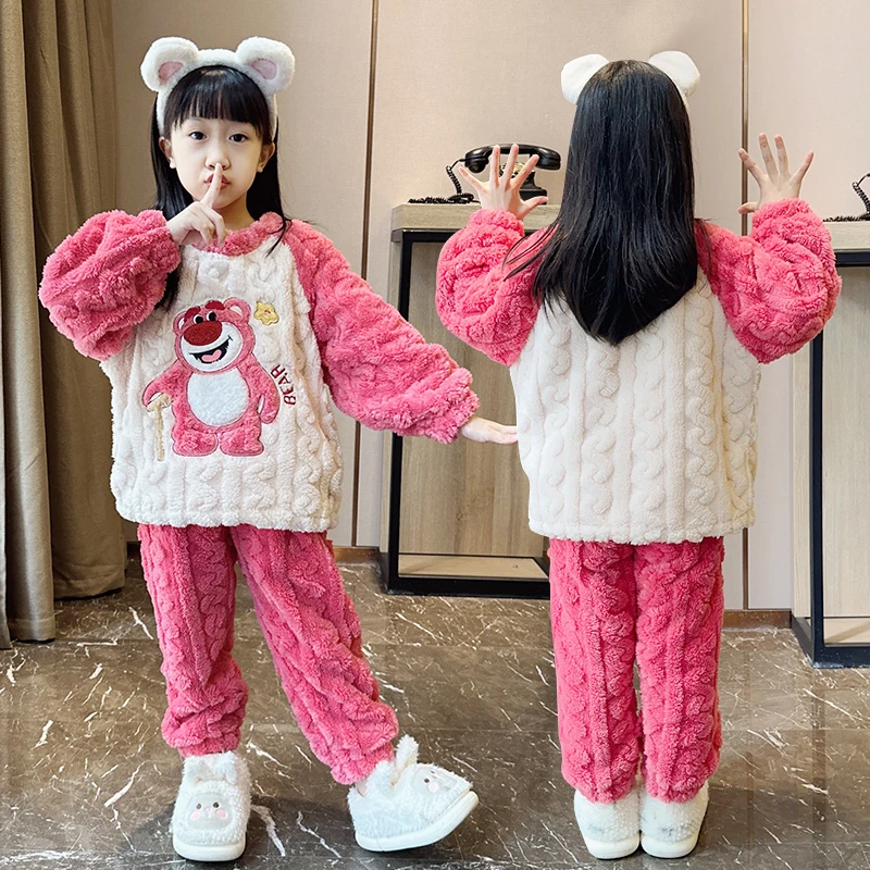 新款珊瑚绒儿童睡衣女孩加绒加厚套装外穿女童公主卡通亲子家居服