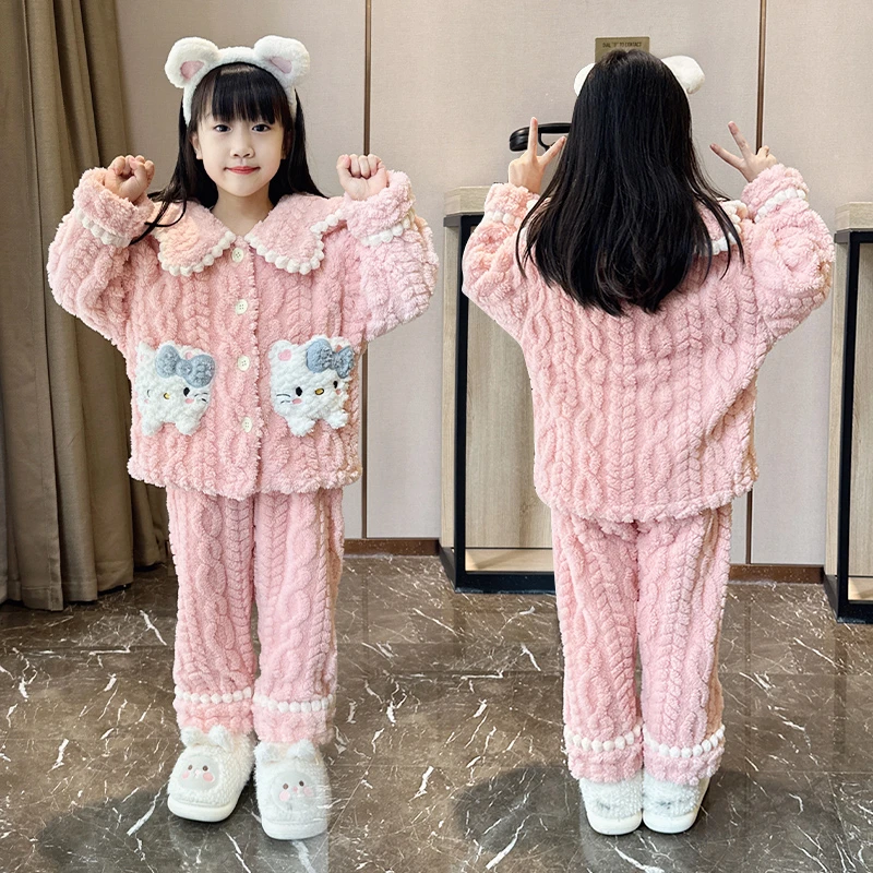 新款女童睡衣法兰绒冬季2025儿童加绒款套装小女孩可爱洋气家居服
