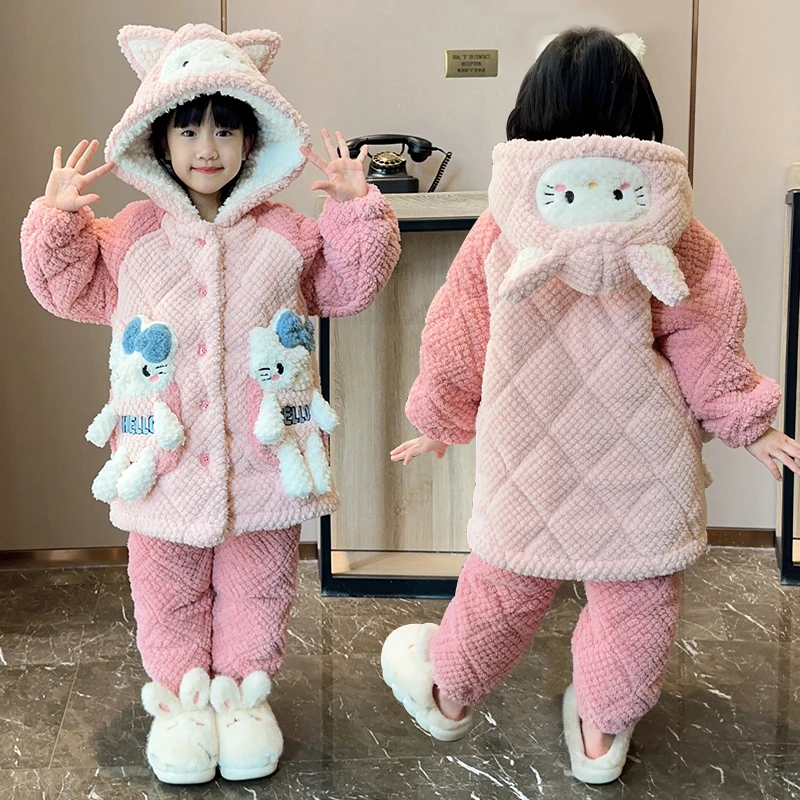儿童睡衣冬季新款女童珊瑚绒三层夹棉加绒加厚宝宝洋气家居服套装