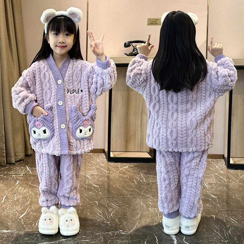 2025新款冬季儿童珊瑚绒睡衣女童加绒加厚套装外穿可爱亲子家居服