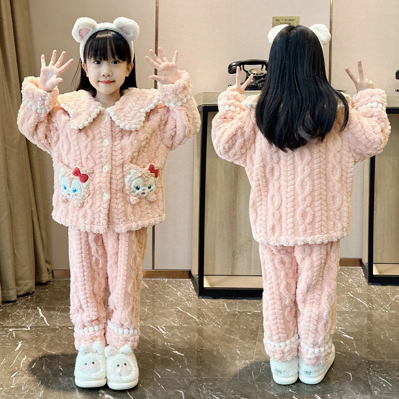 女童法兰绒睡衣2025冬季新款加绒中大童小女孩儿童休闲家居服套装
