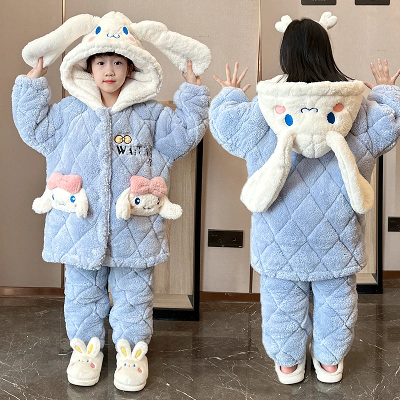 新款儿童三层夹棉睡衣冬季法兰绒女童加绒加厚中长款珊瑚绒家居服