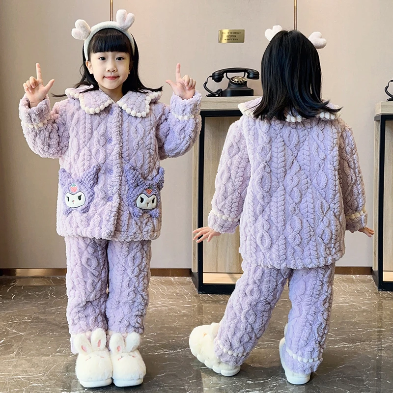 新款女童珊瑚绒冬季儿童三层夹棉睡衣加绒加厚卡通洋气家居服套装