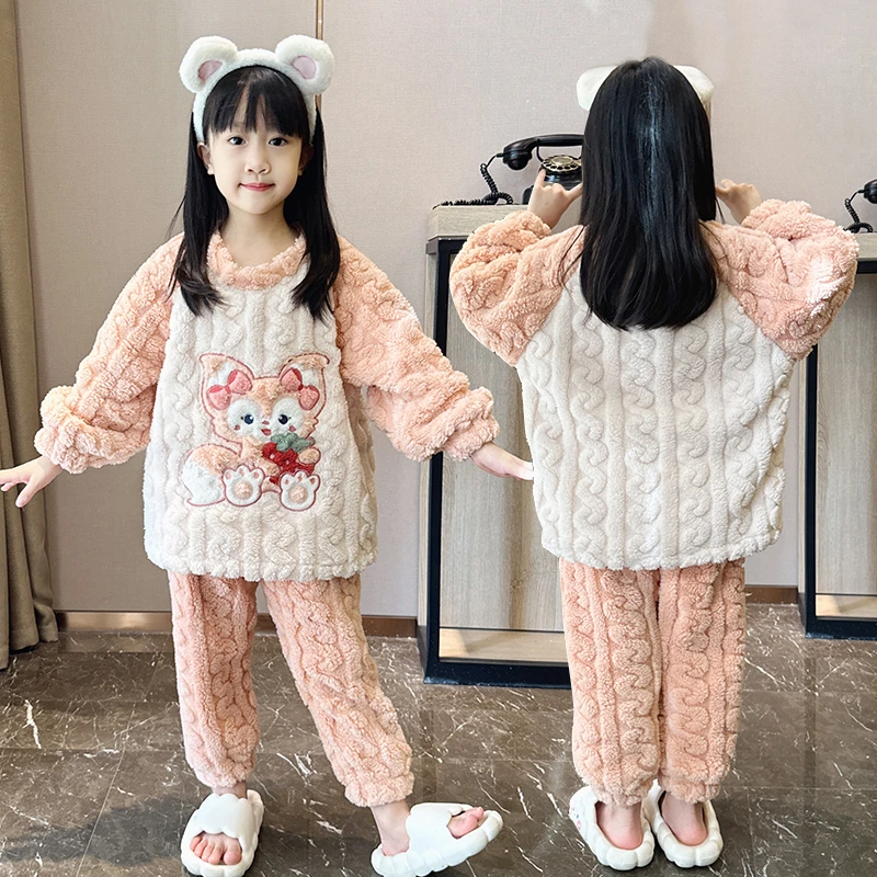 冬季新款儿童法兰绒女童睡衣中大童加绒加厚套装小女孩卡通家居服