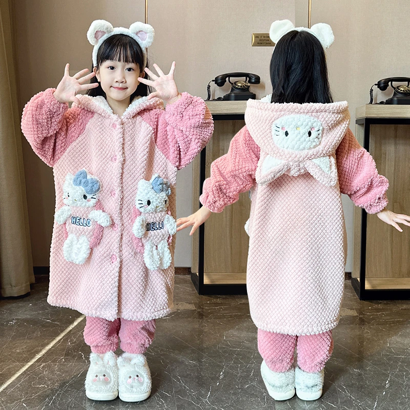 冬季女童睡袍法兰绒加绒款儿童睡衣珊瑚绒可爱洋气亲子家居服套装