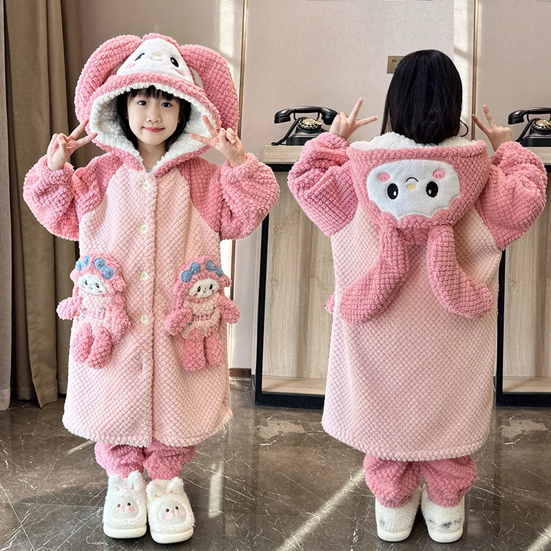 睡袍女童珊瑚绒加绒款儿童睡衣中大童小女孩连帽法兰绒家居服套装