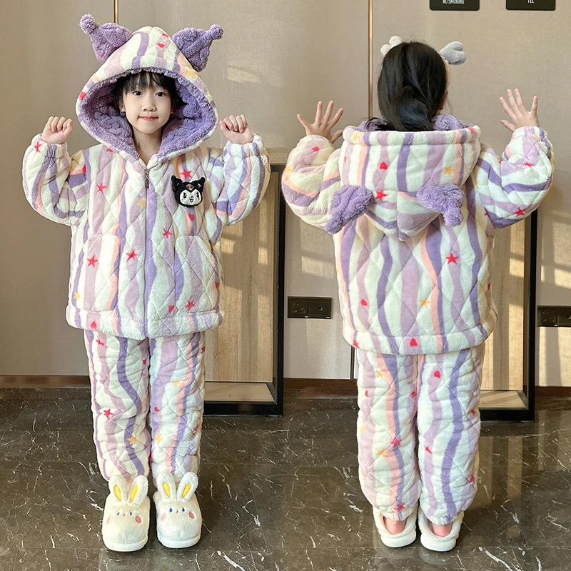 儿童睡衣2025冬季新款女童三层夹棉加绒加厚法兰绒洋气母女家居服