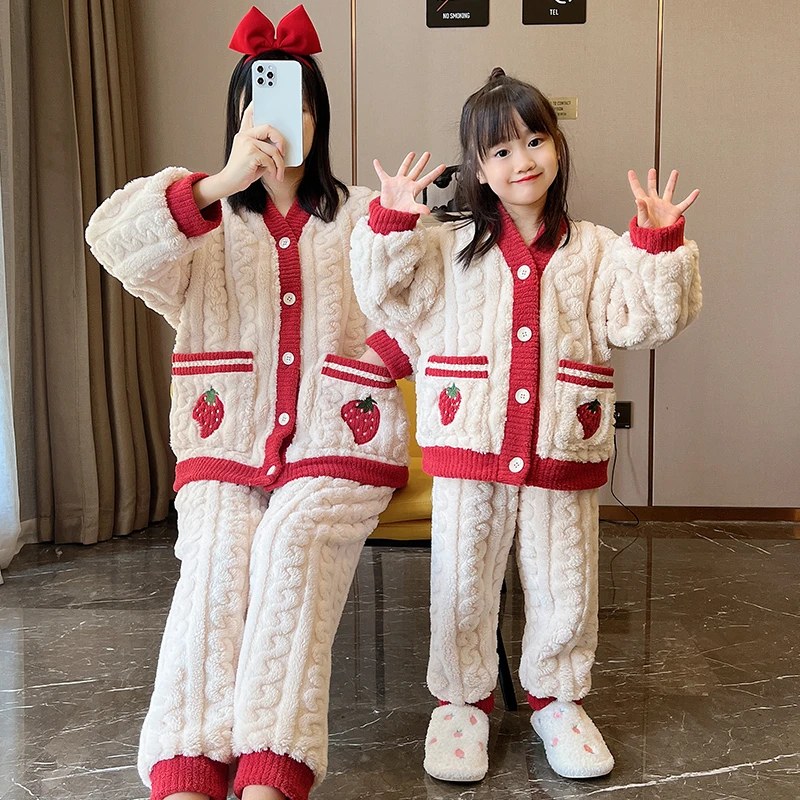 新款儿童睡衣女童冬季法兰绒加厚家居服中大童女孩珊瑚绒洋气套装