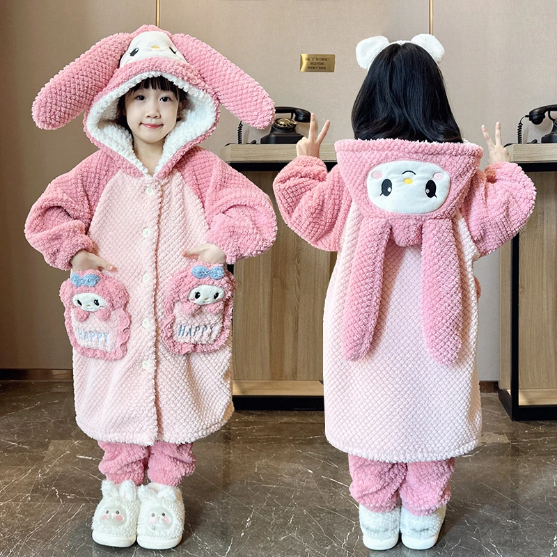 新款冬季法兰绒睡袍女童加绒加厚儿童睡衣女孩外穿洋气家居服套装