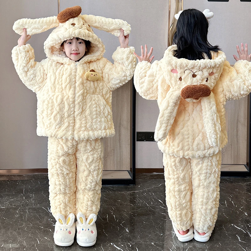 冬季新款儿童睡衣三层夹棉法兰绒女童加绒连帽洋气母女亲子家居服