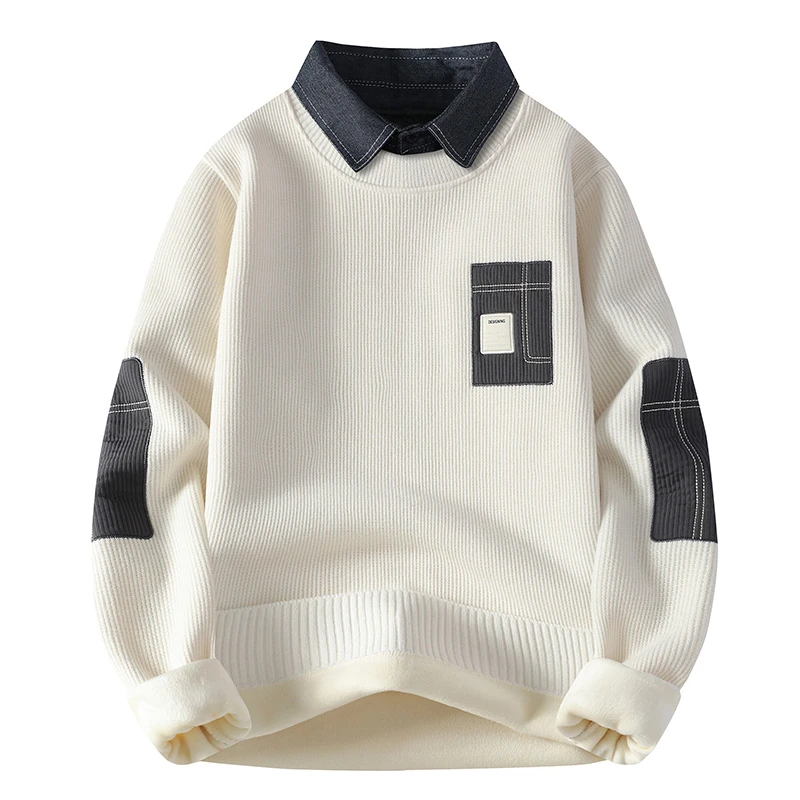 冬季保暖针织衫潮流衬衫领假两件毛衣休闲秋冬加绒加厚一体绒毛衣