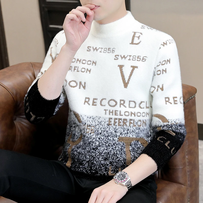 秋冬季男士毛衣半高领保暖打底衫针织衫学生潮流加绒时尚毛衣