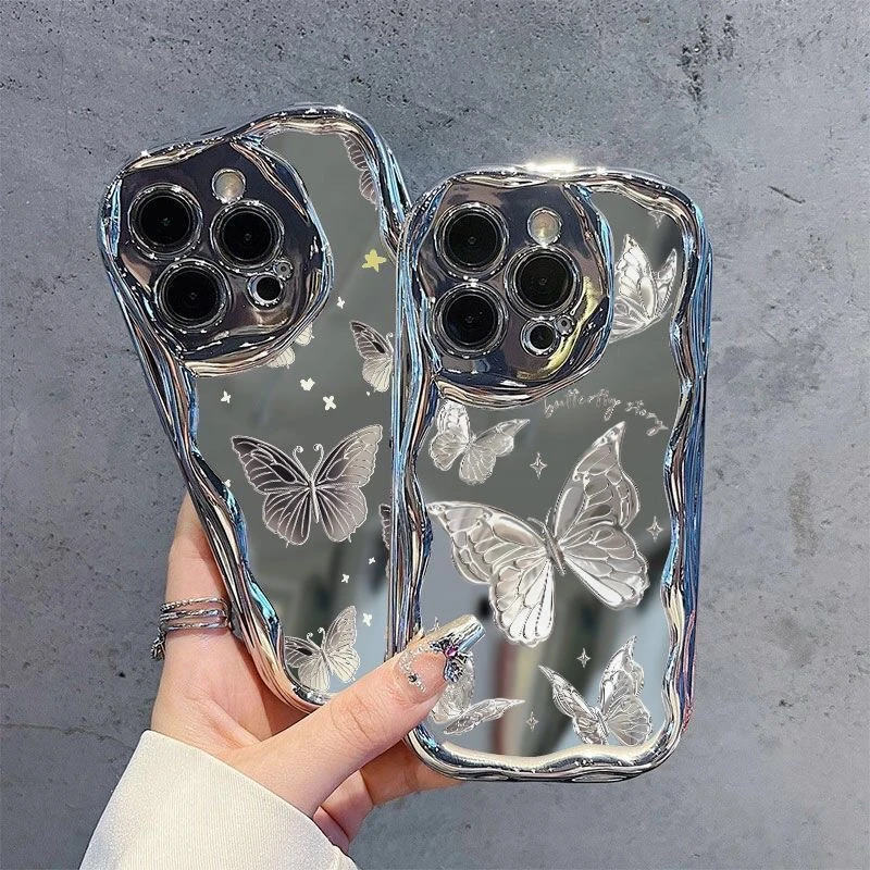 苹果15手机壳银色电镀奶油蝴蝶iPhone14Promax新款13全包防摔软套