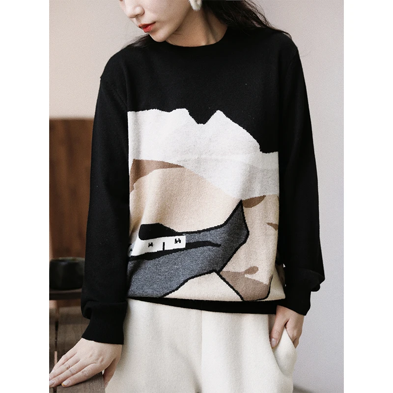 润帛 针织山羊绒小房子宽松慵懒套衫 时尚减龄嵌花圆领长袖针织衫