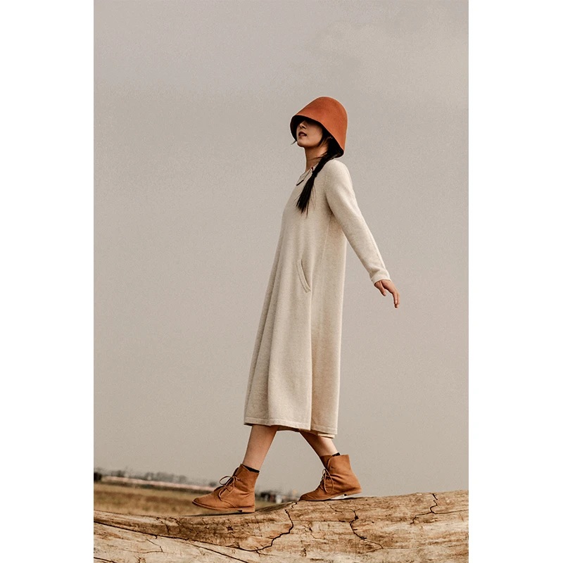 润帛 【诗语】山羊绒圆领长袖连衣裙女 舒适百搭长款过膝双兜针织裙