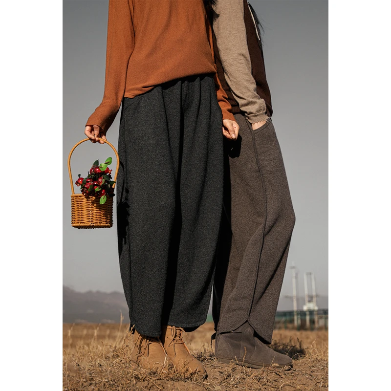 润帛【知秋】针织山羊绒荷叶边九分裤女 减龄休闲圆角裤显瘦显腿长