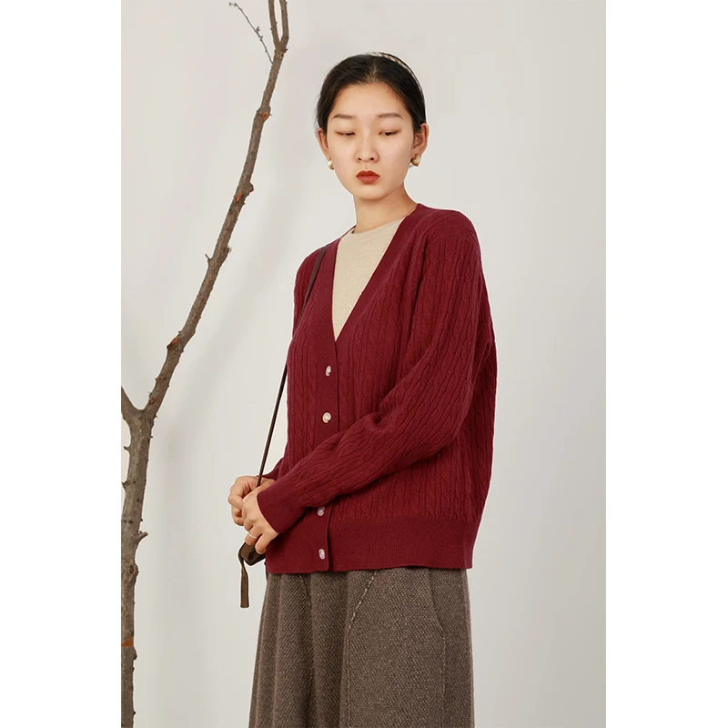 针织羊绒韩版简约V领单排扣全绞花落肩休闲长袖开衫