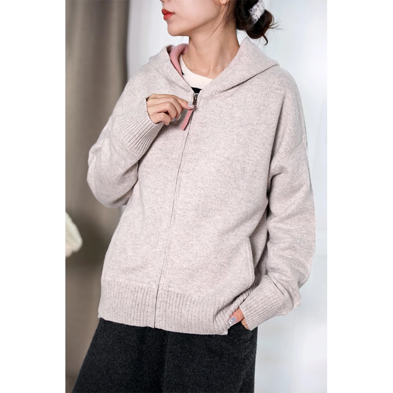 针织羊绒异色连帽拉链开衫