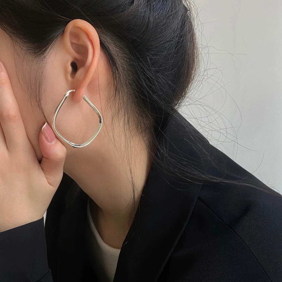 925银耳饰 耳圈重工轻奢款2024秋冬上新法式简约冷淡风方圆圈耳环