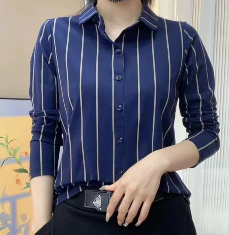 2024新品春秋竖条衬衫显瘦百搭女士气质减龄洋气长袖上衣06