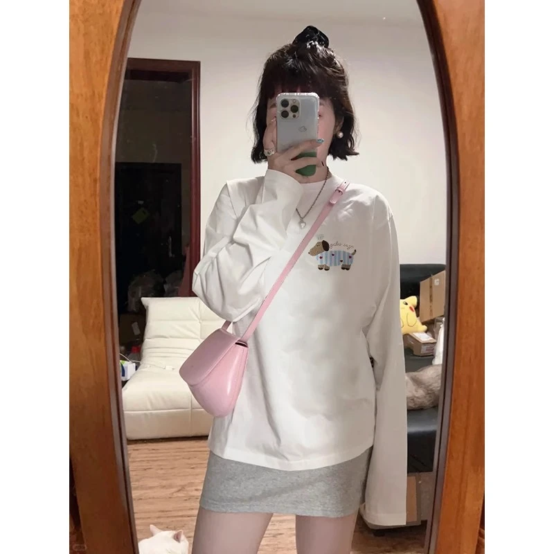 白色纯棉韩系长袖t恤女2024秋小个子正肩宽松休闲百搭打底衫上衣