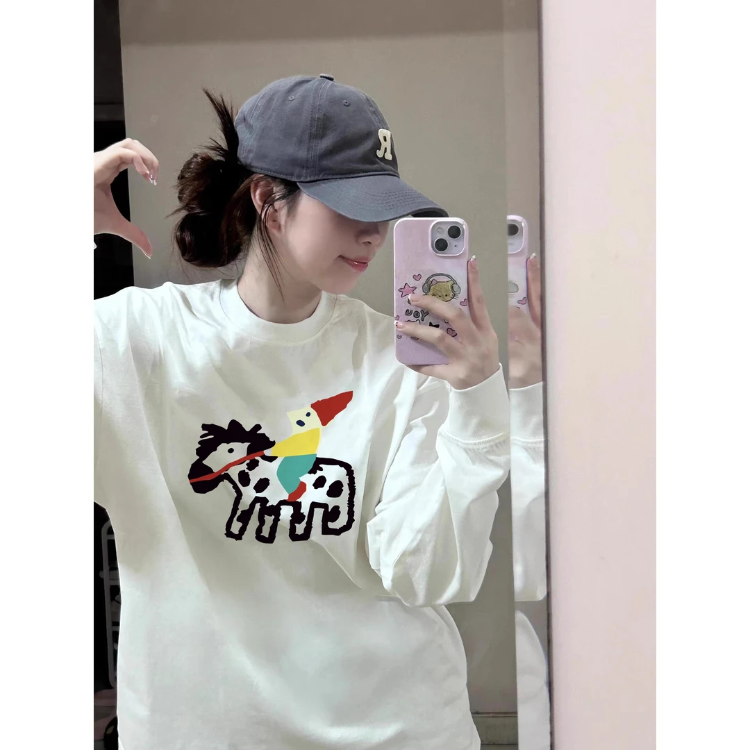 重磅纯棉美式白色长袖T恤女2024春秋新款韩版宽松慵懒风打底上衣